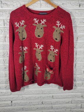 Northern Isles Vintage Christmas Sweater Red Reindeer Pocket Women XL SWE1E